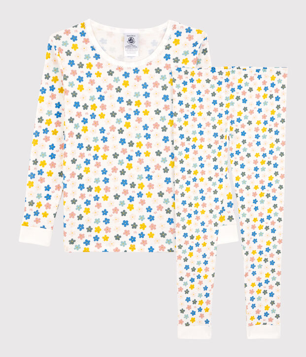 Pijama snugfit de algod&oacute;n con flores retro fosforescentes para ni&ntilde;a blanco/multicolor