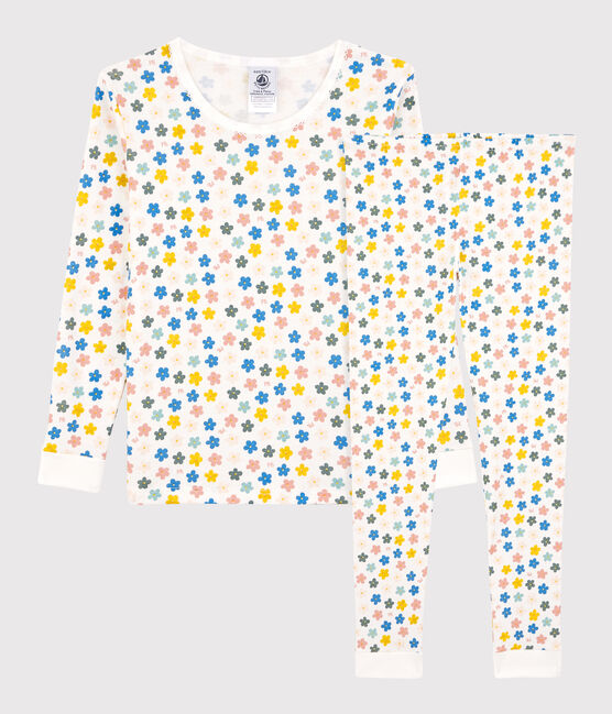 Pijama snugfit de algodón con flores retro fosforescentes para niña blanco MARSHMALLOW/blanco MULTICO