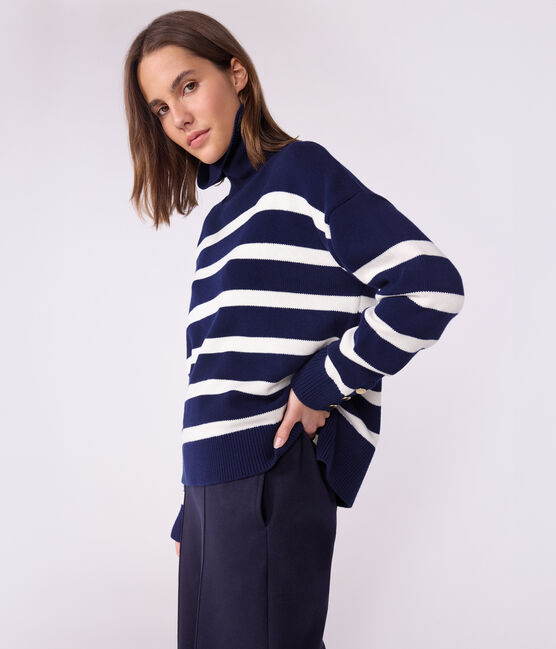 Jersey de cuello alto de lana y algodón a rayas para mujer azul SOIR/ MARSHMALLOW