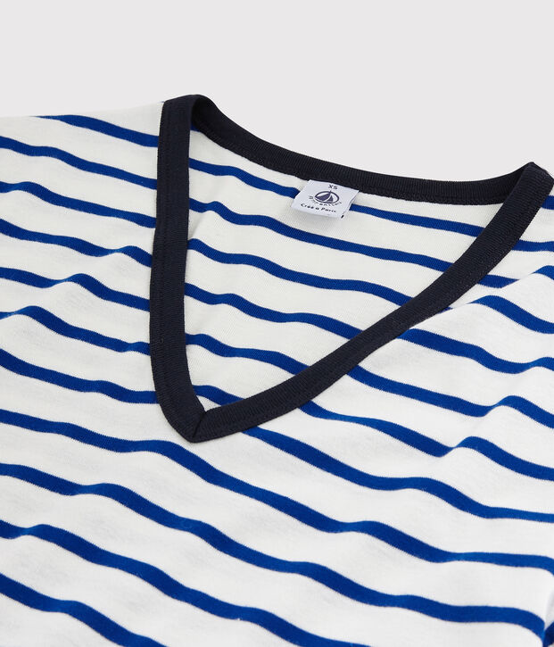 Camiseta de cuello de pico emblem&aacute;tica de algod&oacute;n de mujer blanco/azul