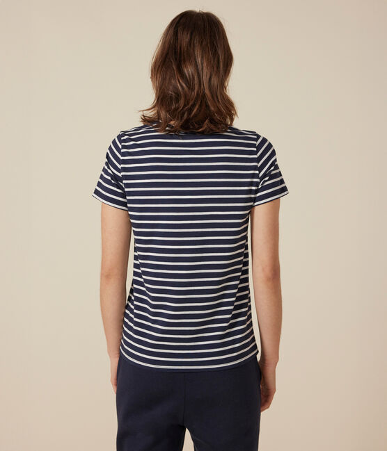 Camiseta LA RECTA de algodón con cuello redondo para mujer azul SMOKING/blanco MARSHMALLOW