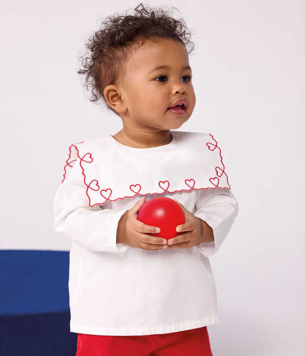 Blusa de popelina de algod&oacute;n de manga larga con bordado de corazones para beb&eacute; blanco