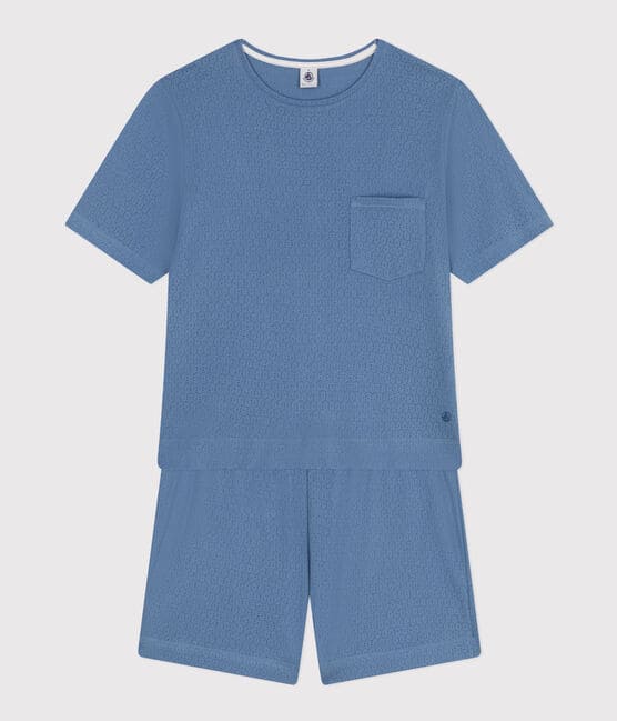 Pijama con pantalón corto y camiseta lisa de algodón calado para mujer azul BEACH