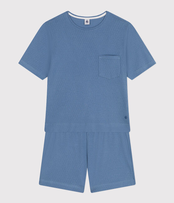 Pijama con pantalón corto y camiseta lisa de algodón calado para mujer azul BEACH