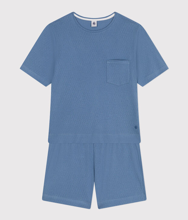 Pijama con pantal&oacute;n corto y camiseta lisa de algod&oacute;n calado para mujer azul
