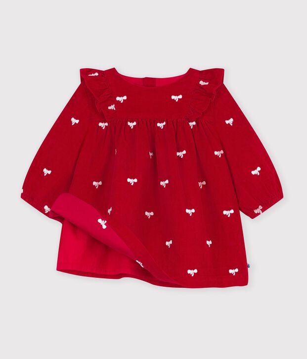 Vestido de terciopelo de manga larga con bordados de lazos para beb&eacute; rojo/crudo