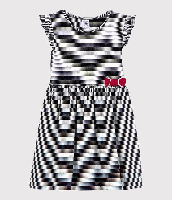 Vestido de manga corta de algodón de niña azul SMOKING/blanco MARSHMALLOW