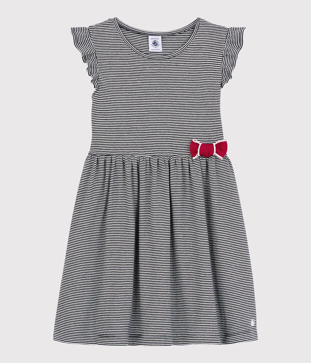 Vestido de manga corta de algod&oacute;n de ni&ntilde;a azul/blanco