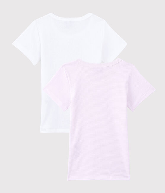 Lote de 2 camisetas de manga corta mil rayas rosa de algodón ecológico de niña variante 1