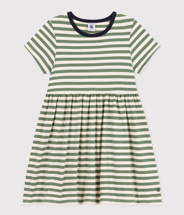 Vestido de manga corta de algod&oacute;n a rayas para ni&ntilde;a verde/crudo