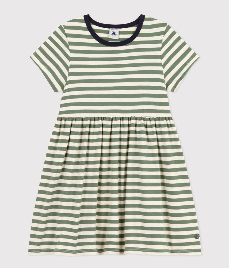 Vestido de manga corta de algod&oacute;n a rayas para ni&ntilde;a verde/crudo