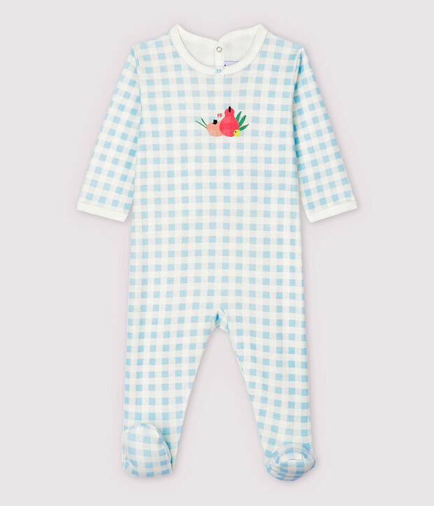 Pijama enterizo de vichy azul de algod&oacute;n de beb&eacute; ni&ntilde;a blanco/azul