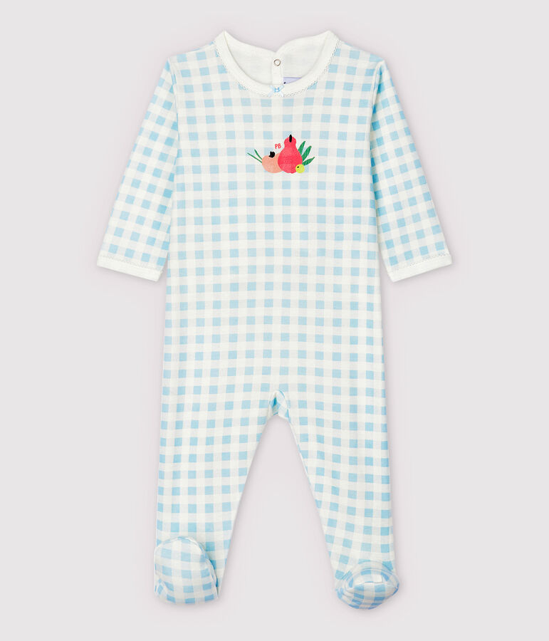 Pijama enterizo de vichy azul de algod&oacute;n de beb&eacute; ni&ntilde;a blanco MARSHMALLOW/azul JASMIN