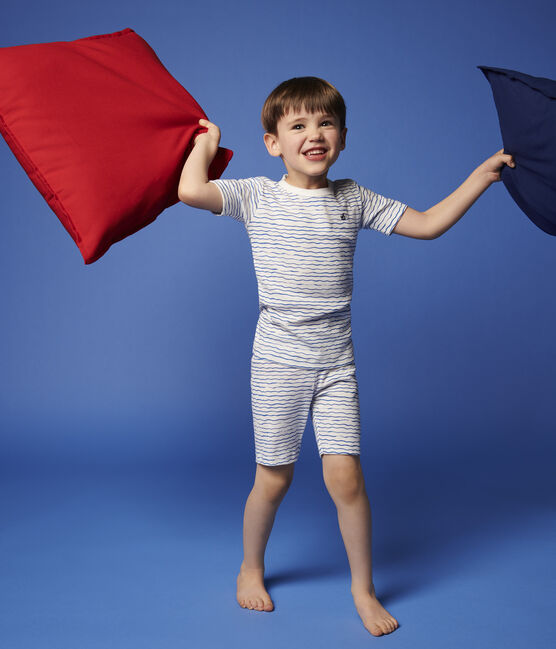 Pijama corto snugfit con estampado de olas de algodón de niño blanco MARSHMALLOW/azul COOL