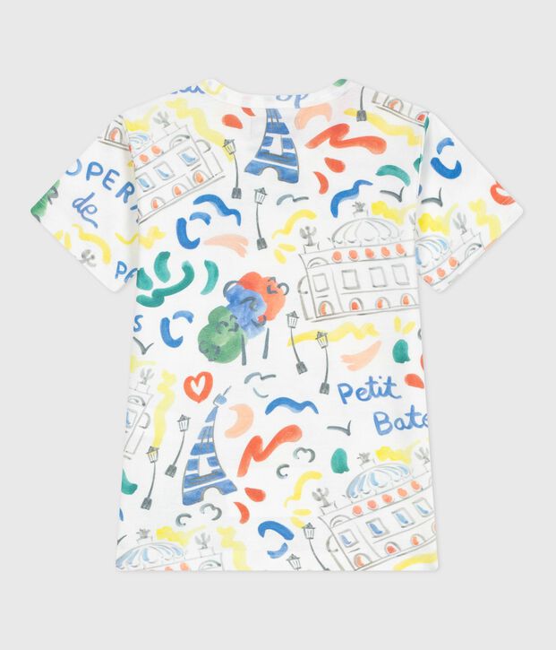 Camiseta infantil de manga corta de algod&oacute;n con estampado blanco/rojo/multicolor