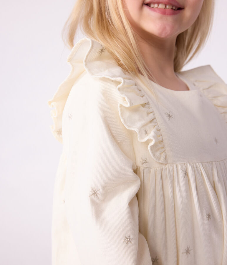 Vestido infantil liso de pana de manga larga crudo/gris