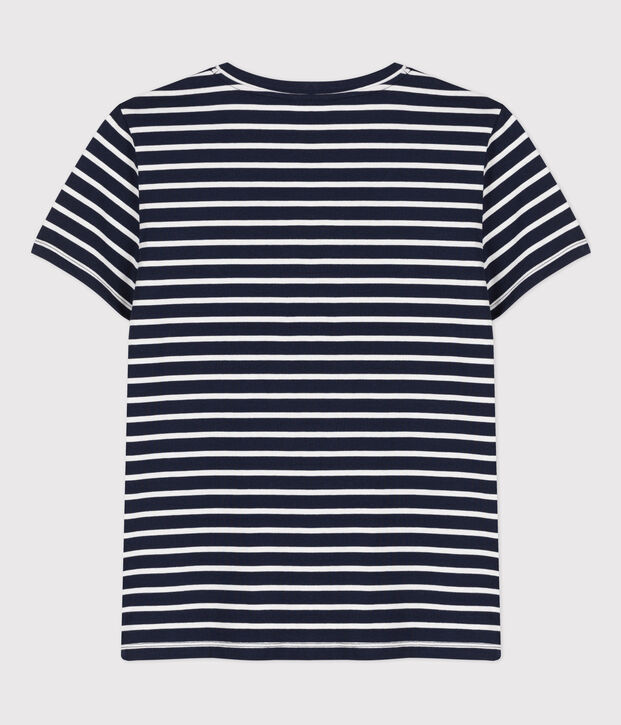 Camiseta de algod&oacute;n LE CLASSIQUE con cuello de pico para mujer azul/blanco