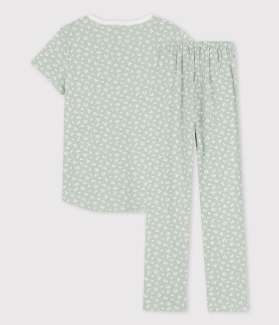 Pijama de manga corta floral de algodón de niña verde HERBIER/ MARSHMALLOW