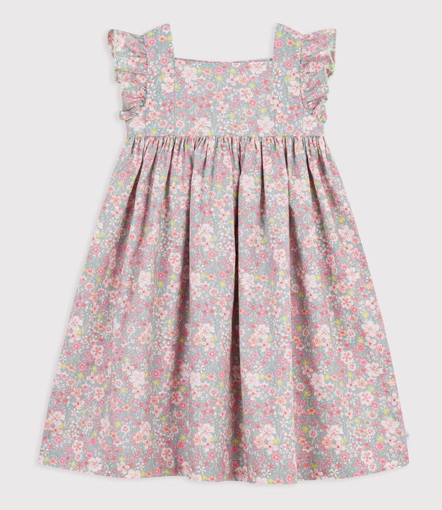 Vestido infantil sin mangas de algod&oacute;n con estampado de flores azul/multicolor