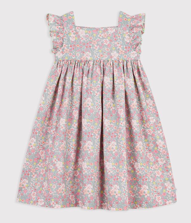 Vestido infantil sin mangas de algod&oacute;n con estampado de flores azul/multicolor
