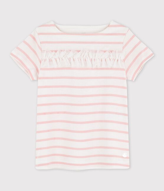 Camiseta de manga corta de algodón de niña blanco MARSHMALLOW/rosa MINOIS