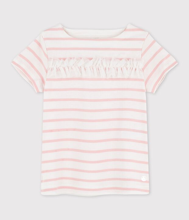 Camiseta de manga corta de algod&oacute;n de ni&ntilde;a blanco/rosa