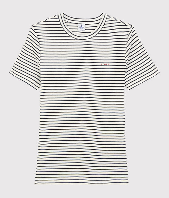 Camiseta de algodón de rayas "Je t'aime" de mujer blanco MARSHMALLOW/azul SMOKING