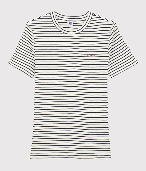 Camiseta de algod&oacute;n de rayas Je t'aime de mujer blanco/azul