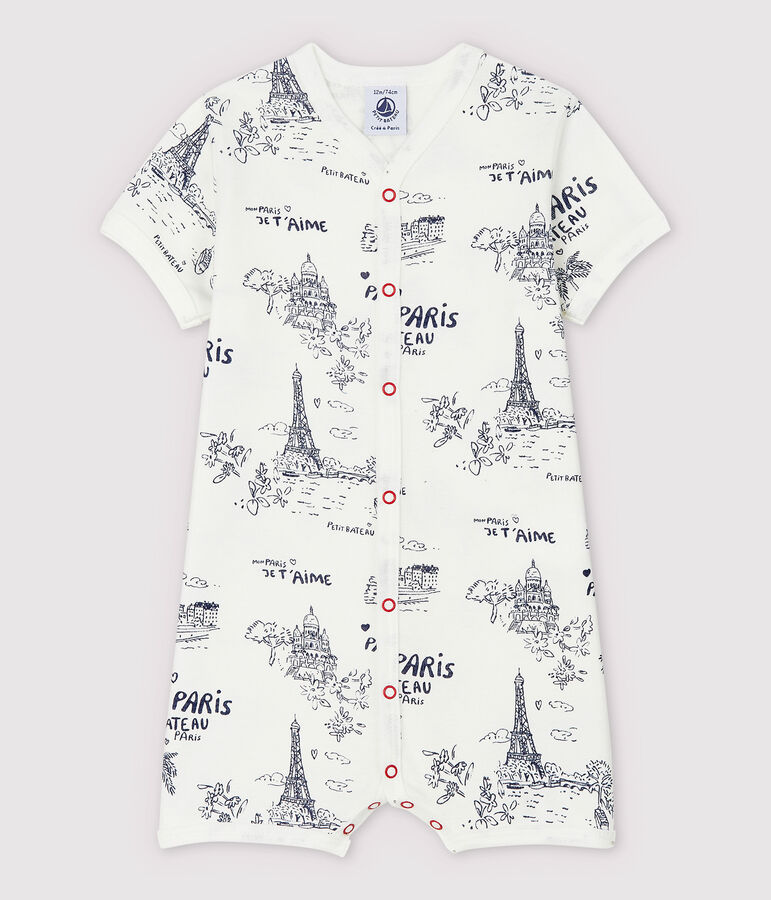 Mono corto de tela de Jouy Par&iacute;s de beb&eacute; de algod&oacute;n blanco MARSHMALLOW/azul MEDIEVAL