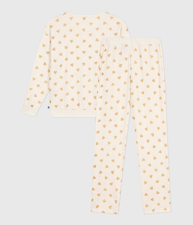 Pijama de algod&oacute;n con estampado de corazones dorados para mujer crudo/amarillo