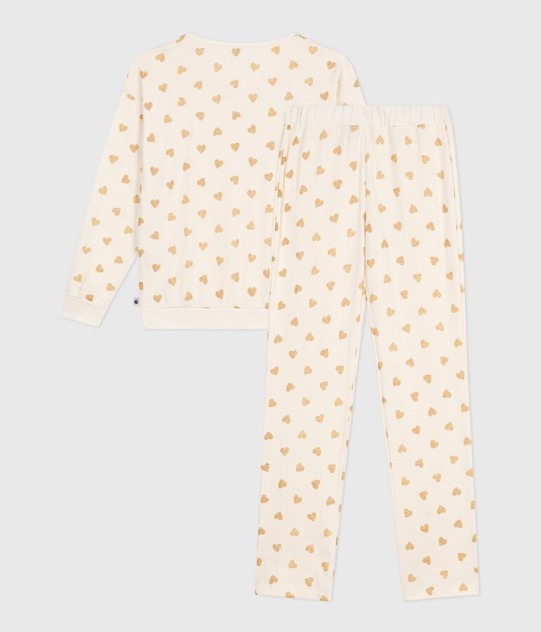 Pijama de algod&oacute;n con estampado de corazones dorados para mujer crudo/amarillo
