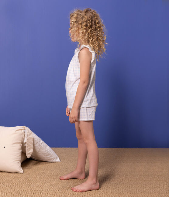 Pijama corto de algodón fino con estampado vichy para niña azul MARSHMALLOW/blanco GOMME
