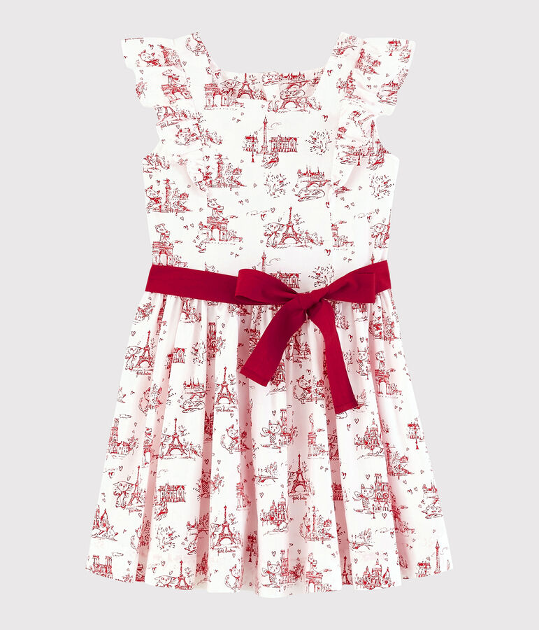 Vestido de manga corta de popelina de ni&ntilde;a blanco/rojo