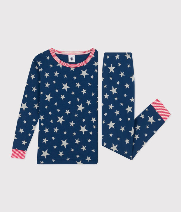 Pijama infantil ajustado y fluorescente de algod&oacute;n con estampado de estrellas azul/blanco