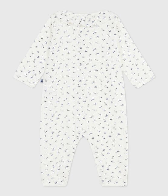 Pijama sin pies de algodón calado con cuello estampado de flores para bebé blanco MARSHMALLOW/blanco MULTICO