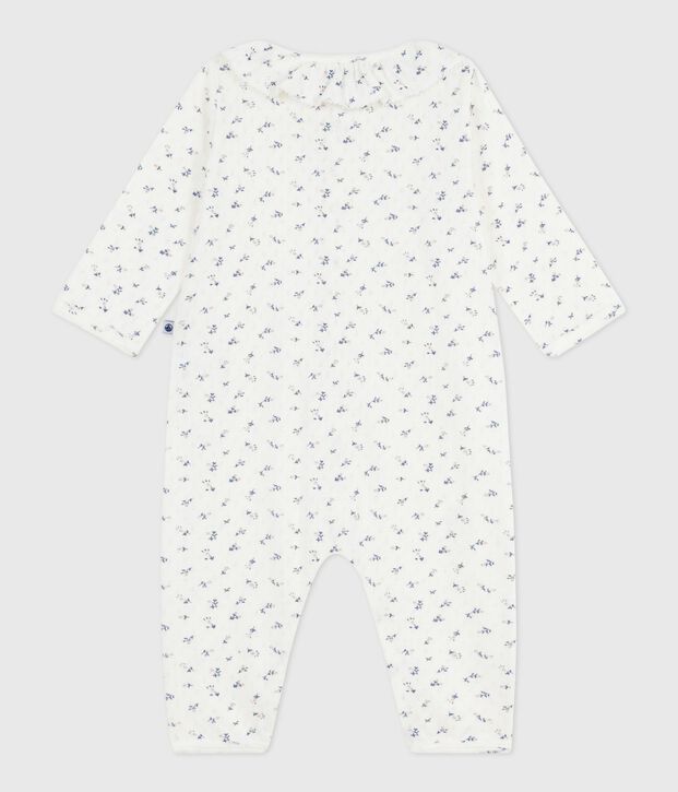 Pijama sin pies de algod&oacute;n calado con cuello estampado de flores para beb&eacute; blanco/multicolor