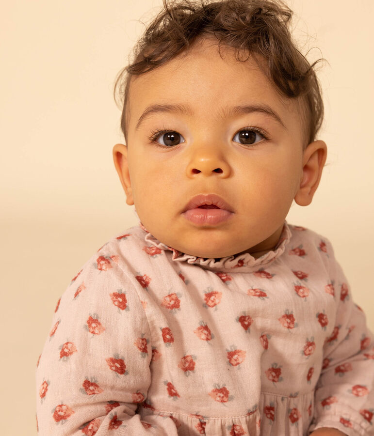 Vestido de gasa de algod&oacute;n de manga larga para beb&eacute; rosa/multicolor