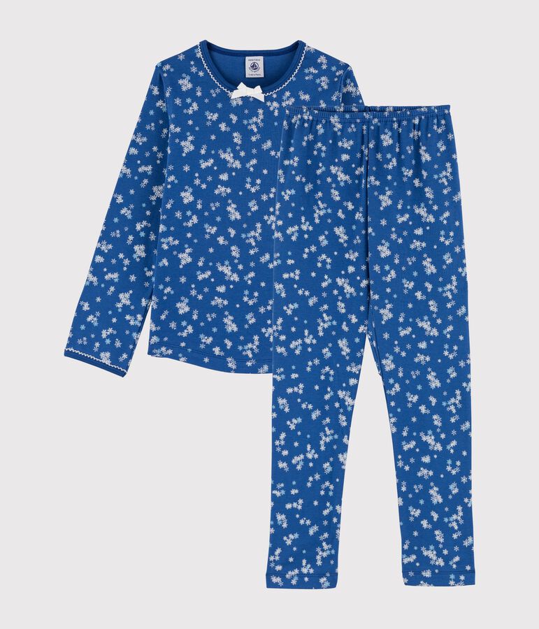 Pijama de punto para ni&ntilde;a con estampado de copos de nieve azul MAJOR/blanco ECUME