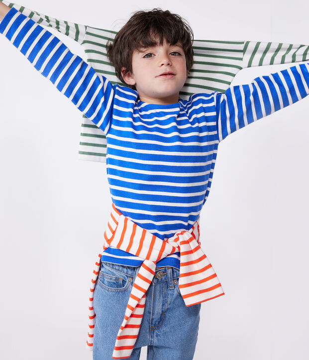 Marinera infantil unisex de algod&oacute;n de manga larga azul/blanco