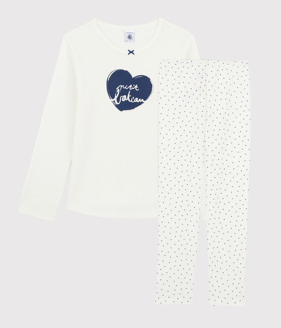 Pijama mini de corazones de niña de punto blanco MARSHMALLOW/azul MEDIEVAL