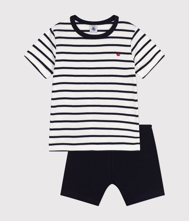 Pijama corto marinera de ni&ntilde;o de algod&oacute;n blanco/azul