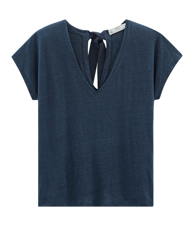 Camiseta manga corta de lino para mujer azul
