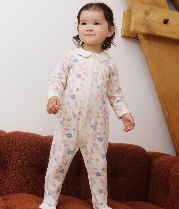 Pijama de felpa cepillada con cuello p&eacute;talo y estampado de flores para beb&eacute; crudo/multicolor