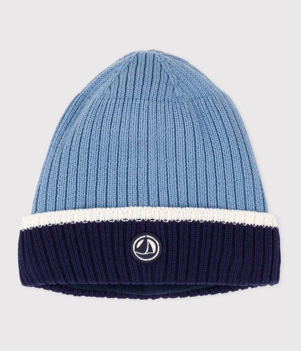 Gorro infantil de punto tricotado con forro polar azul/blanco