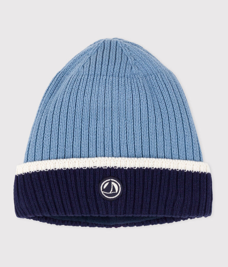 Gorro infantil de punto tricotado con forro polar azul/blanco