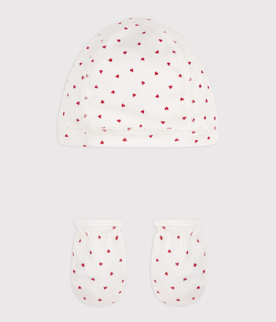 Juego de gorro y manoplas de algodón con corazones variante 1