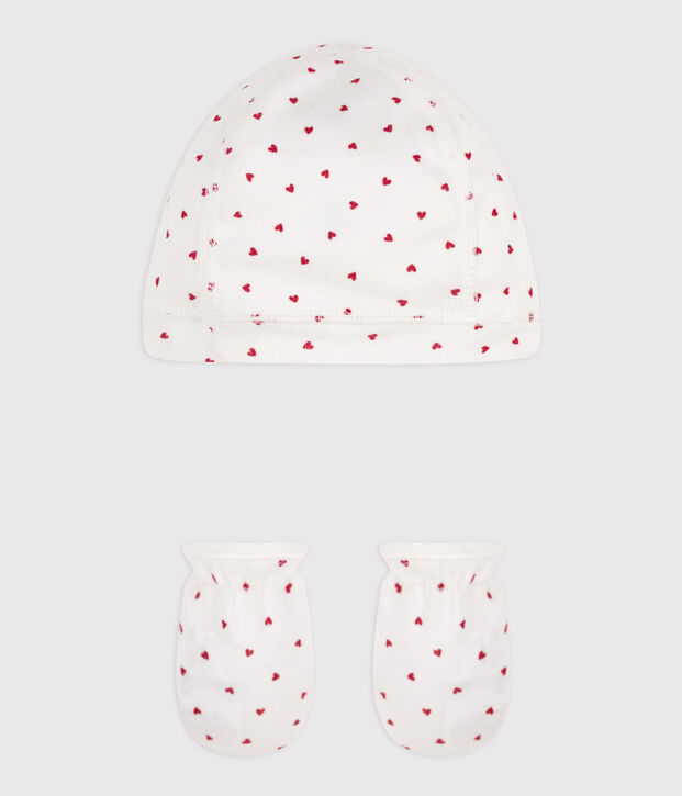 Juego de gorro y manoplas de algod&oacute;n con corazones multicolor