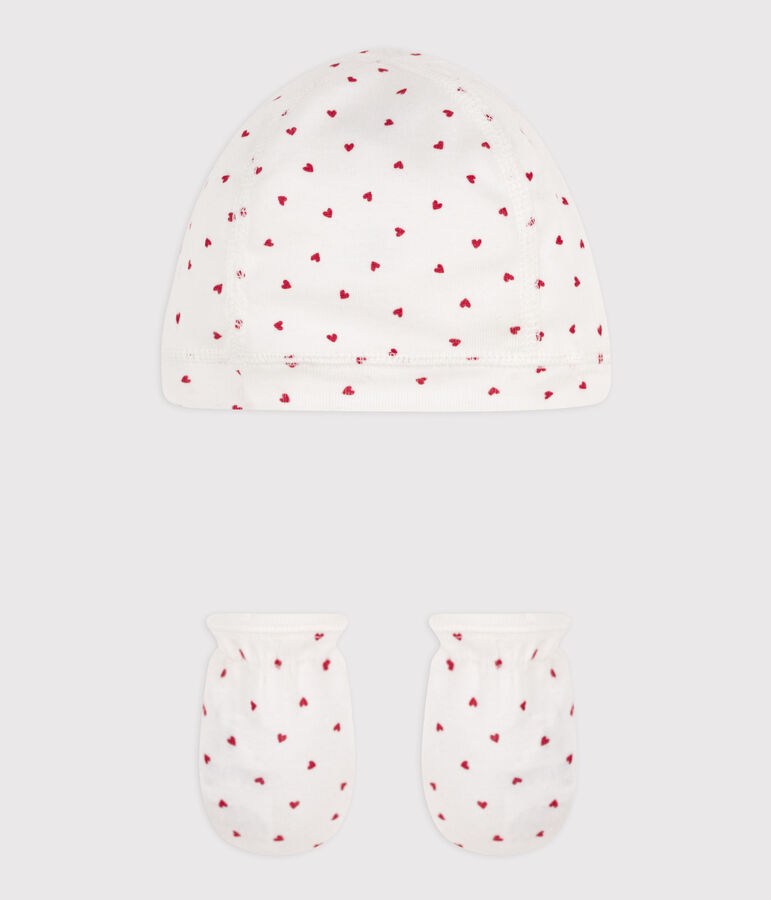 Juego de gorro y manoplas de algod&oacute;n con corazones multicolor