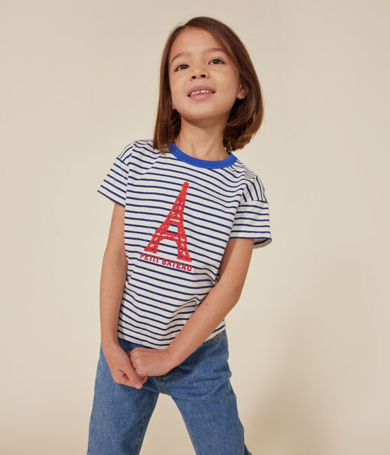 Camiseta infantil de punto de manga corta blanco MARSHMALLOW/azul MEDIEVAL