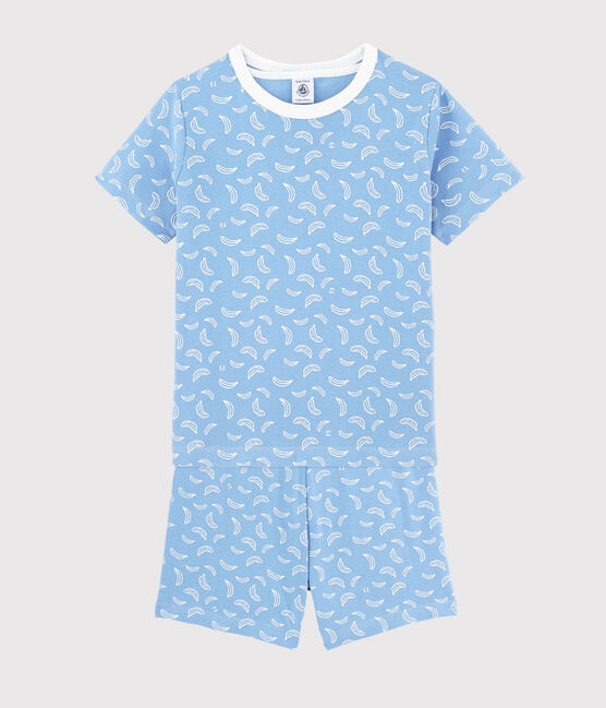 Pijama corto con estampado de plátanos de algodón de niño/niña azul EDNA/blanco MARSHMALLOW